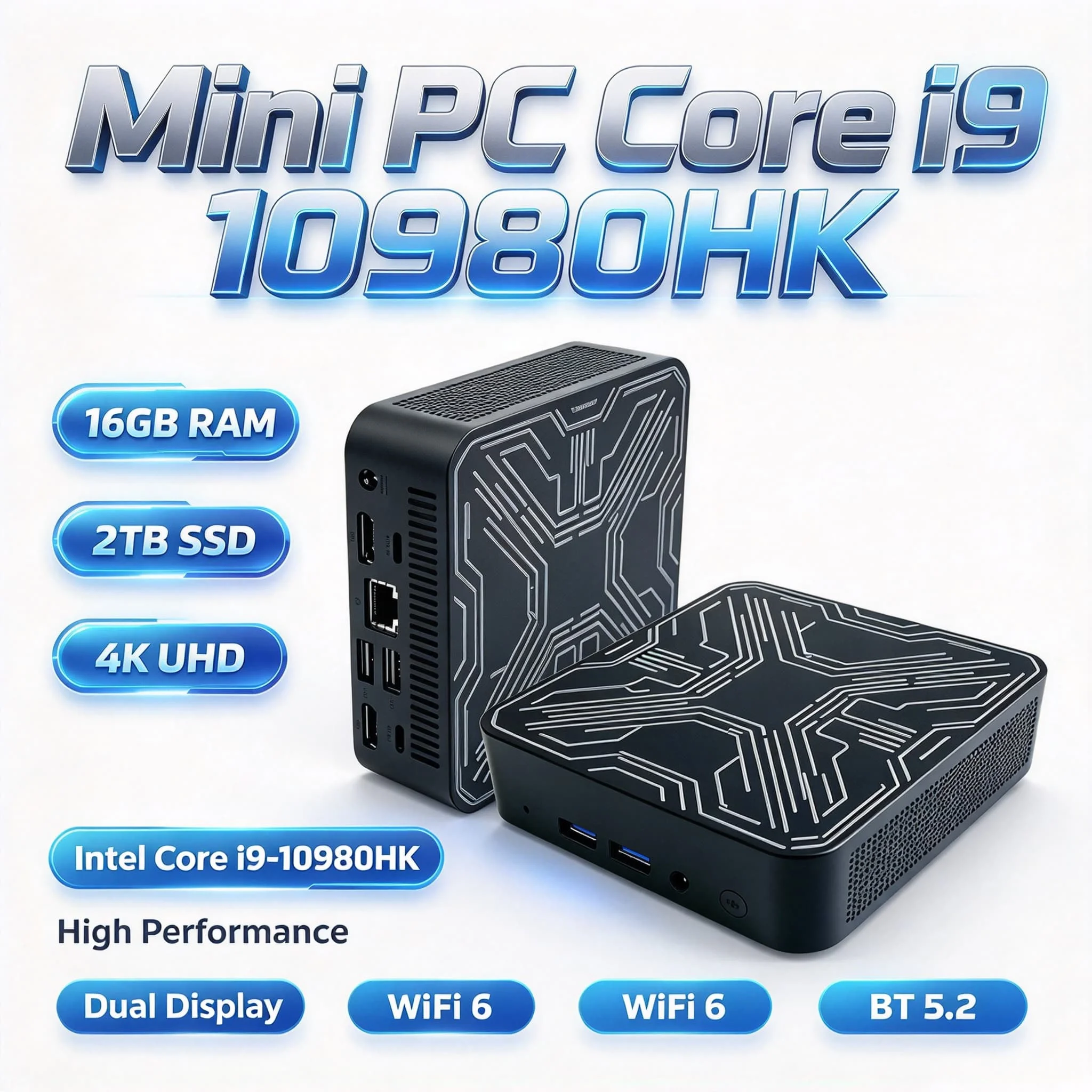 Mini PC Portatile Intel Core i9 10980HK 2026 Ultima Versione 16GB RAM 2TB NVMe M.2 SSD Tripla Uscita 4K WiFi6 Raffreddamento Silenzioso per Casa e Ufficio