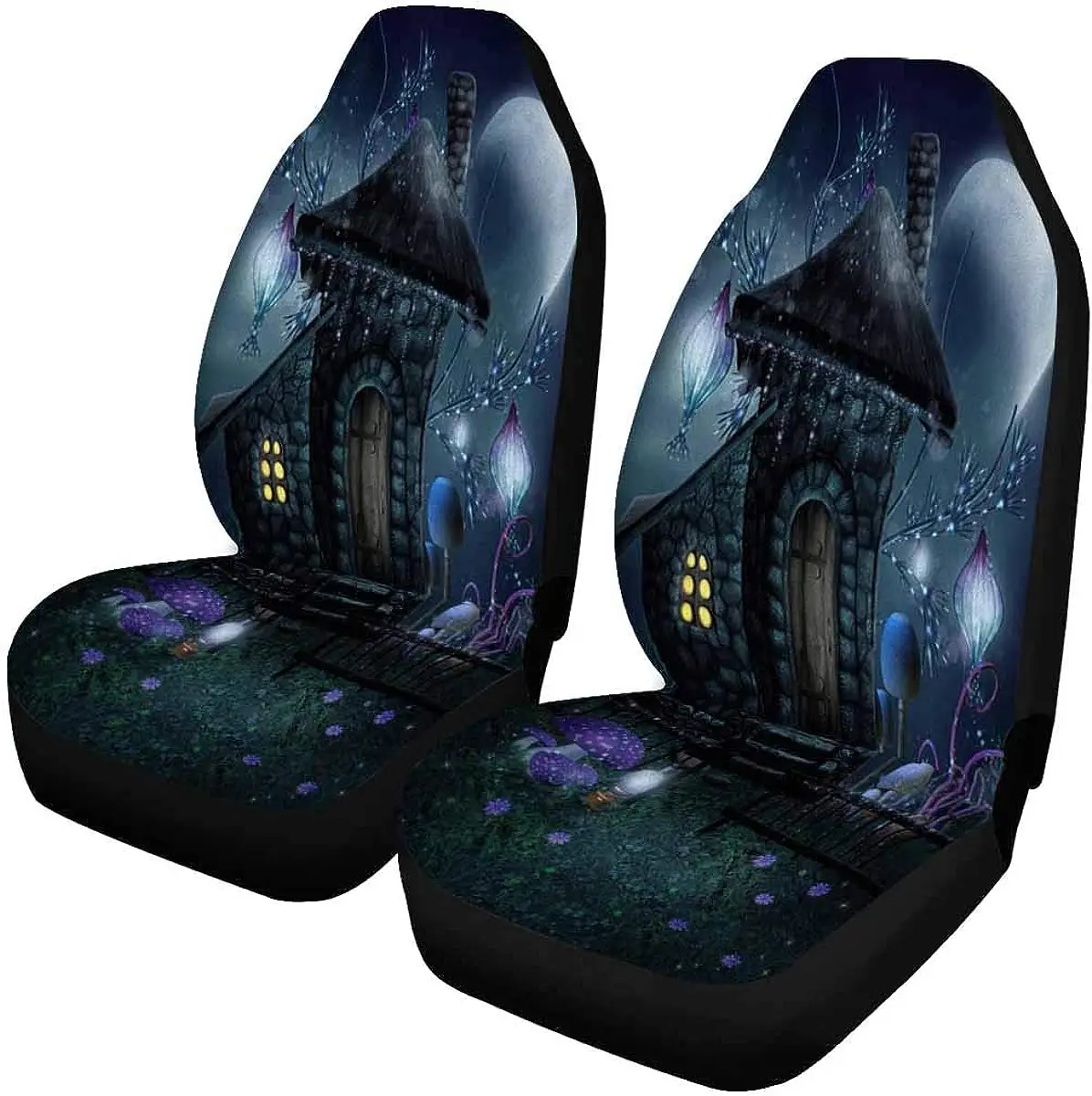 Night Scenery with A Fairy Cottage and Flower Lamps Auto Seat Covers 2 Pc Bucket Seat Protector Car Seat Cushions for Car SUV