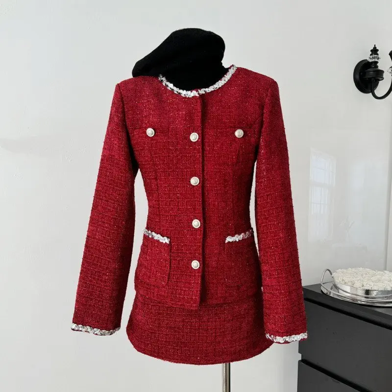 

High Quality Tweed Two Piece Set Women Luxury Jacket Coat + Mini Skirt Fall Winter 2 piece sets women outfit conjuntos femininos