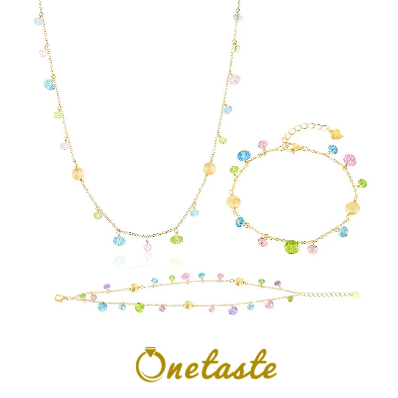 

Ювелирные наборы из стерлингового серебра 925 пробы с позолоченными цветными кристаллами и подвесками с кисточками, ожерелье и браслет, женский изящный модный подарок