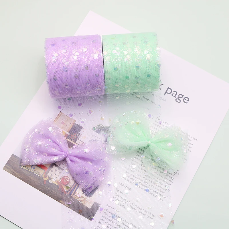 6cm 25yards Organza Tulle Ribbon Rainbow Glitter Heart Print Mesh Tape DIY Valentine Day Handmade Headband Dress Skirt