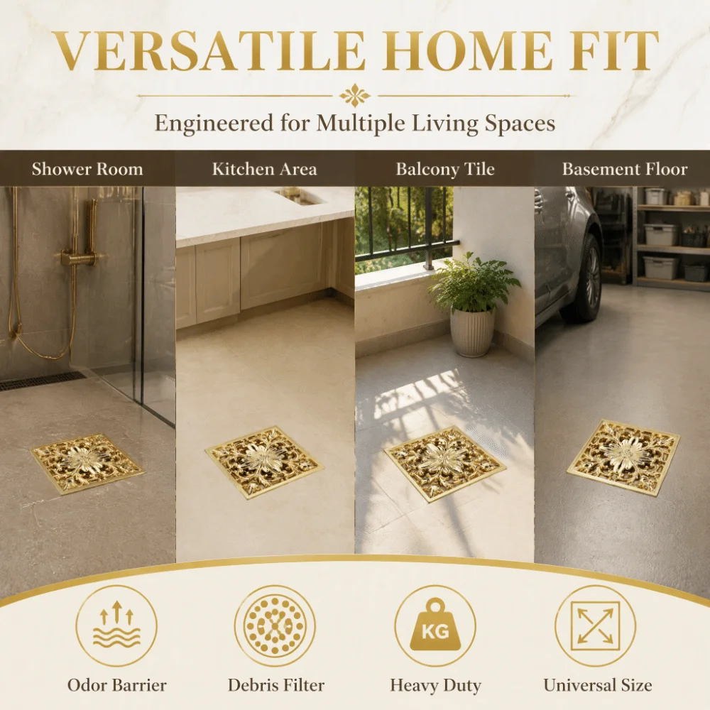 Brass Floor Drain With Strainer Square Shower Drain Cover Gold Color 10 x 10cm/3.94 x 3.94in Antique Brass Drain Hotel