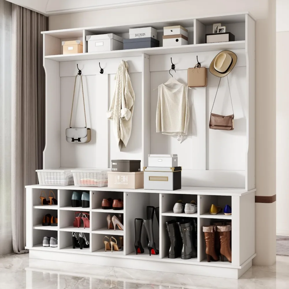 

Storage Rack with Bench & Shoe Cabinet, Multi-functional Entry Bench with Coat Rack, Adjustable Shelf