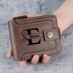 Men's Custom Wallet - Personalized Artificial Leather Men's Engraved Name and Letter Wallet, Father's Day Dad Gift, Brown