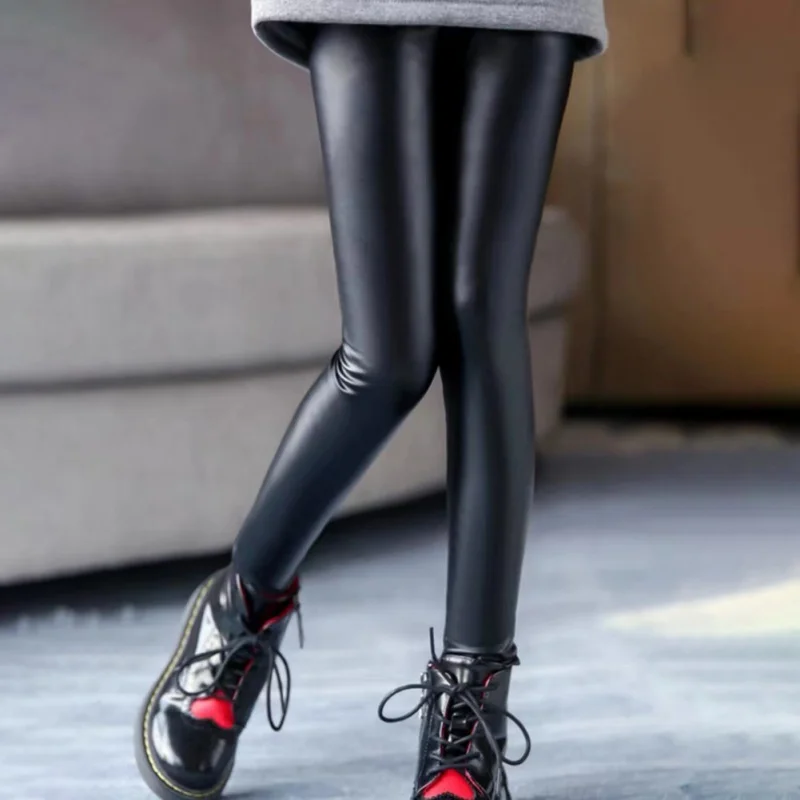 

Autumn Winter Children's Pants For Girls Fashion Girl Leather Leggings Thickened Warm Kids Skinny Trousers Pencil Pants