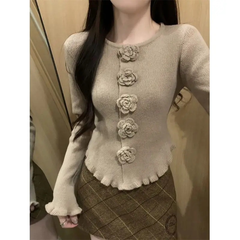 

Вязаный свитер с розовым узлом и воротником-стойкой, женский весенне-осенний мягкий топ с длинными рукавами и воротником-поло, однотонный цвет от материка M189