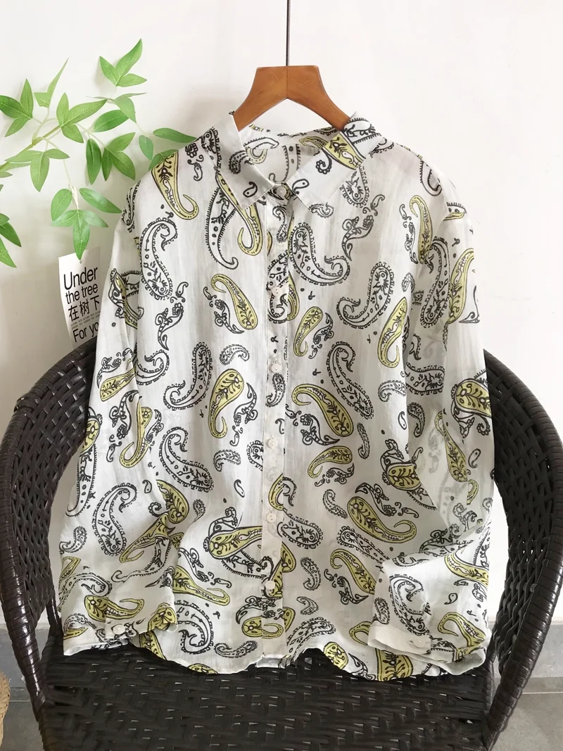 

2025 Women Vintage Ethnic Paisley Print 100% Ramie Shirts And Tops Long Sleeve Blouses Button Up Autumn Women Shirts