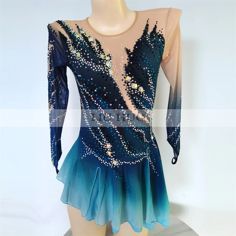 LIUHUO Ice Dance Figure Skating Dress Women Adult Girl Teens Customize Costume Performance Competition Leotard Gradient Blue