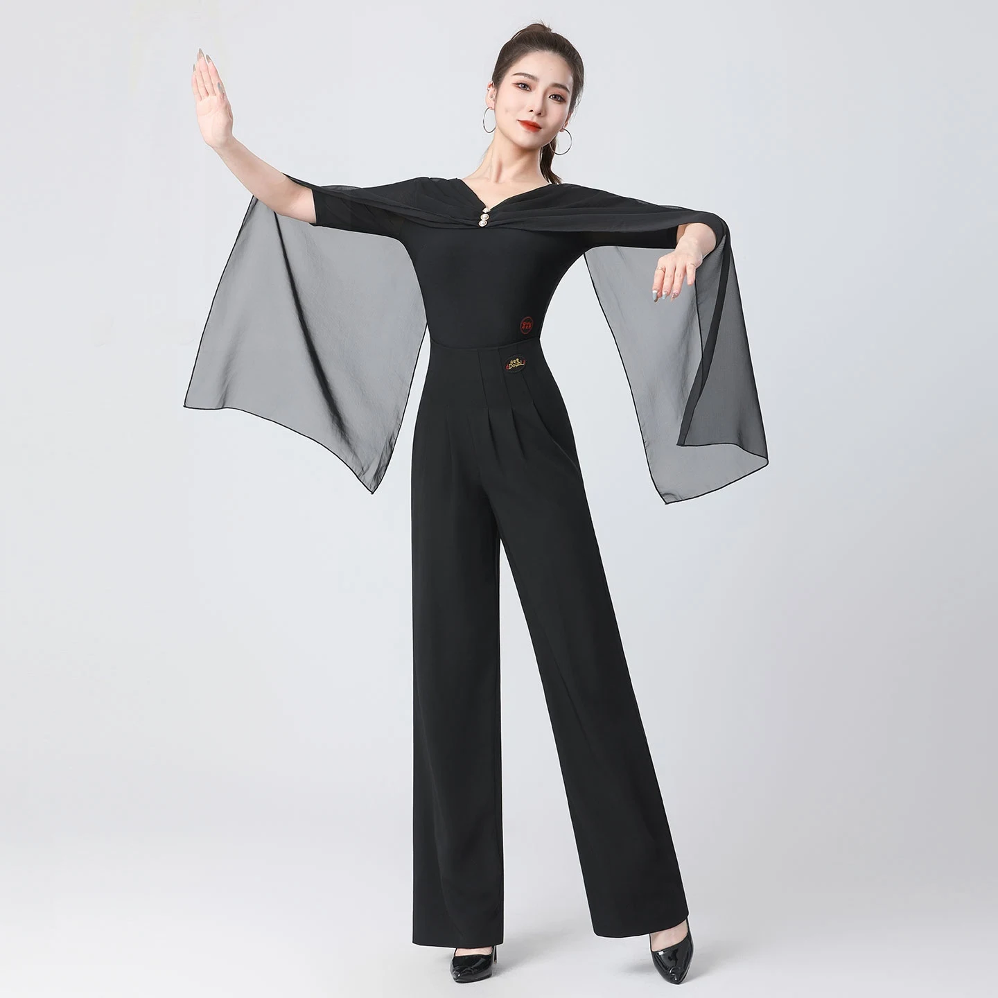 2025 New Modern Dance Clothes Flounce Mesh Half Sleeve Jumpsuit Chacha Latin Ballroom Dance Performance Costumes Wear DN21038