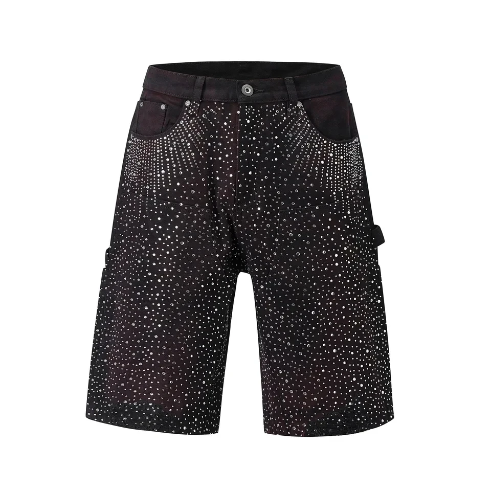 

2025 New Full Splatter Gradient Denim Seven Tenths Pants High Street Trend Embellished Shorts Black Unique Design