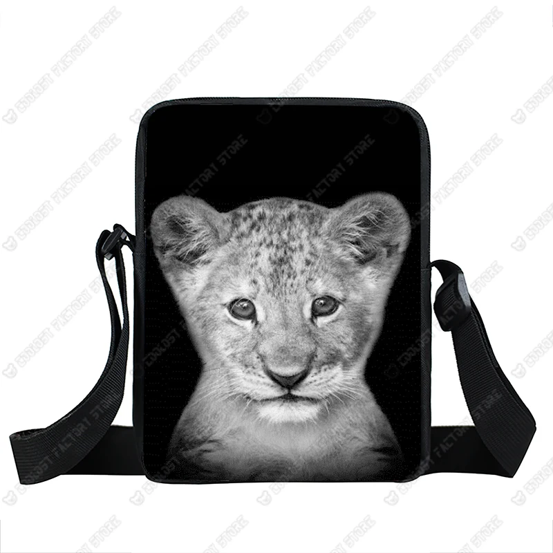 Black White Animals messenger bag lions Tigers shoulder bag mans Crossbody Shoulder bag  Messenger Bag Small Casual handbag