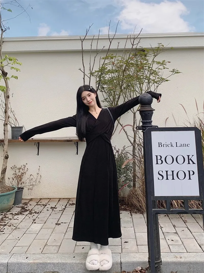 Dresses Long Sleeved Womens Dress Autumn Modal Grayish Blue Half-turtleneck Smocking Pleated Waistband Preppy College Spicy