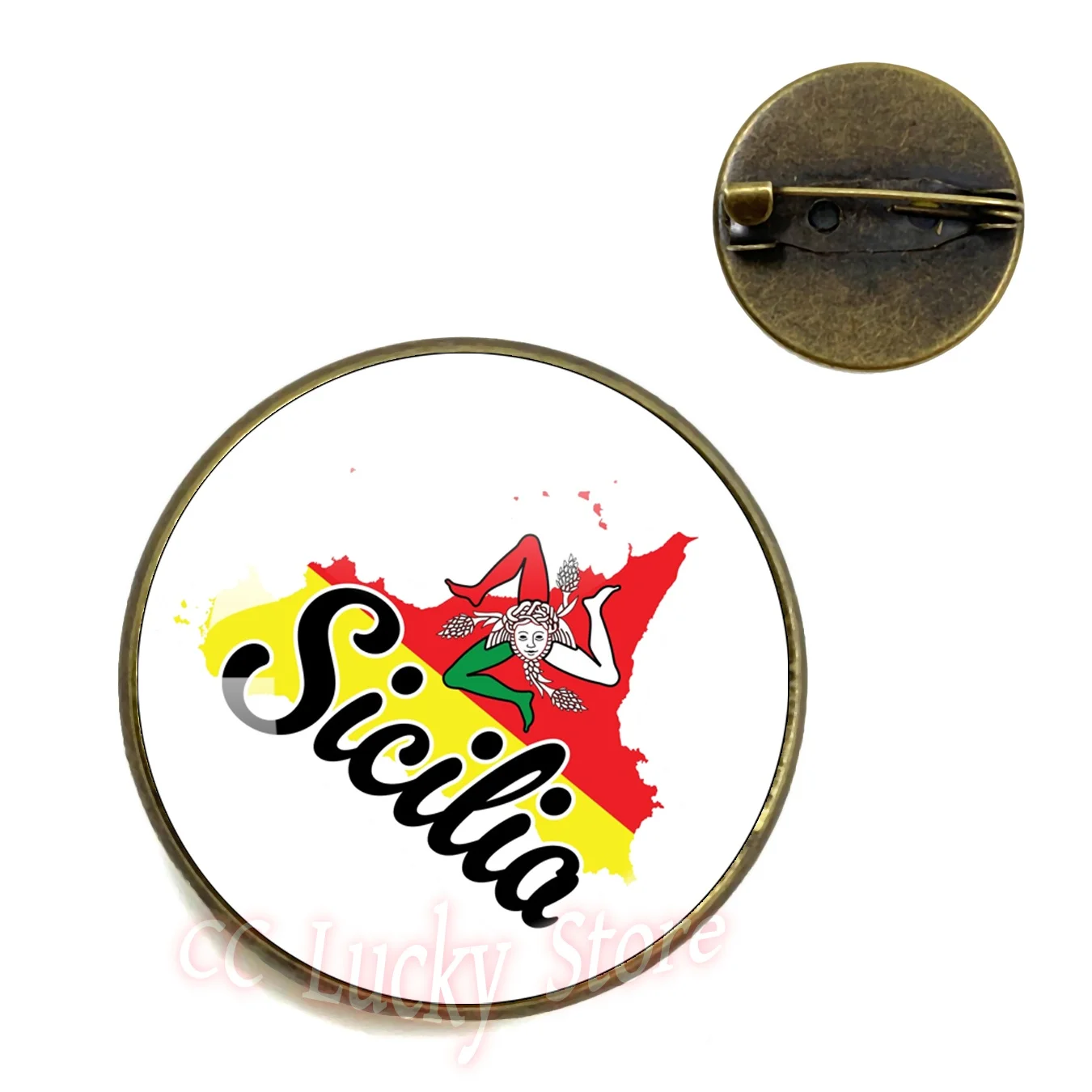 Sicilian Flag Glass Material Brooch Size 20MM/25MM Glass Cabochon Circular Badge Men's and Women's Suitable Gift