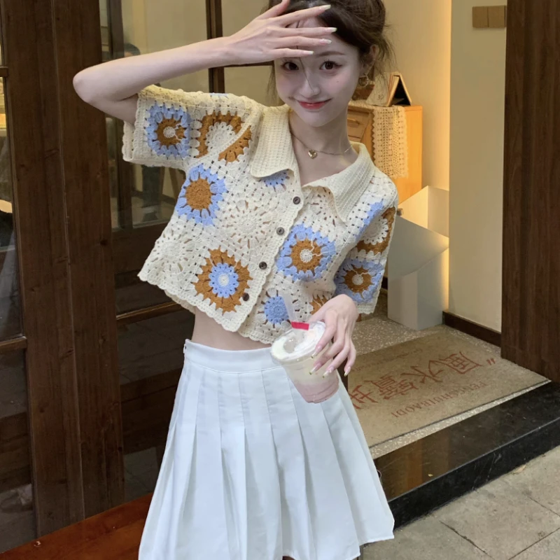 Hollow Out Shirts Women Print Knitted Summer Vintage Beach Style Holiday Streetwear Aesthetic Casual All-match Daily Ulzzang Ins