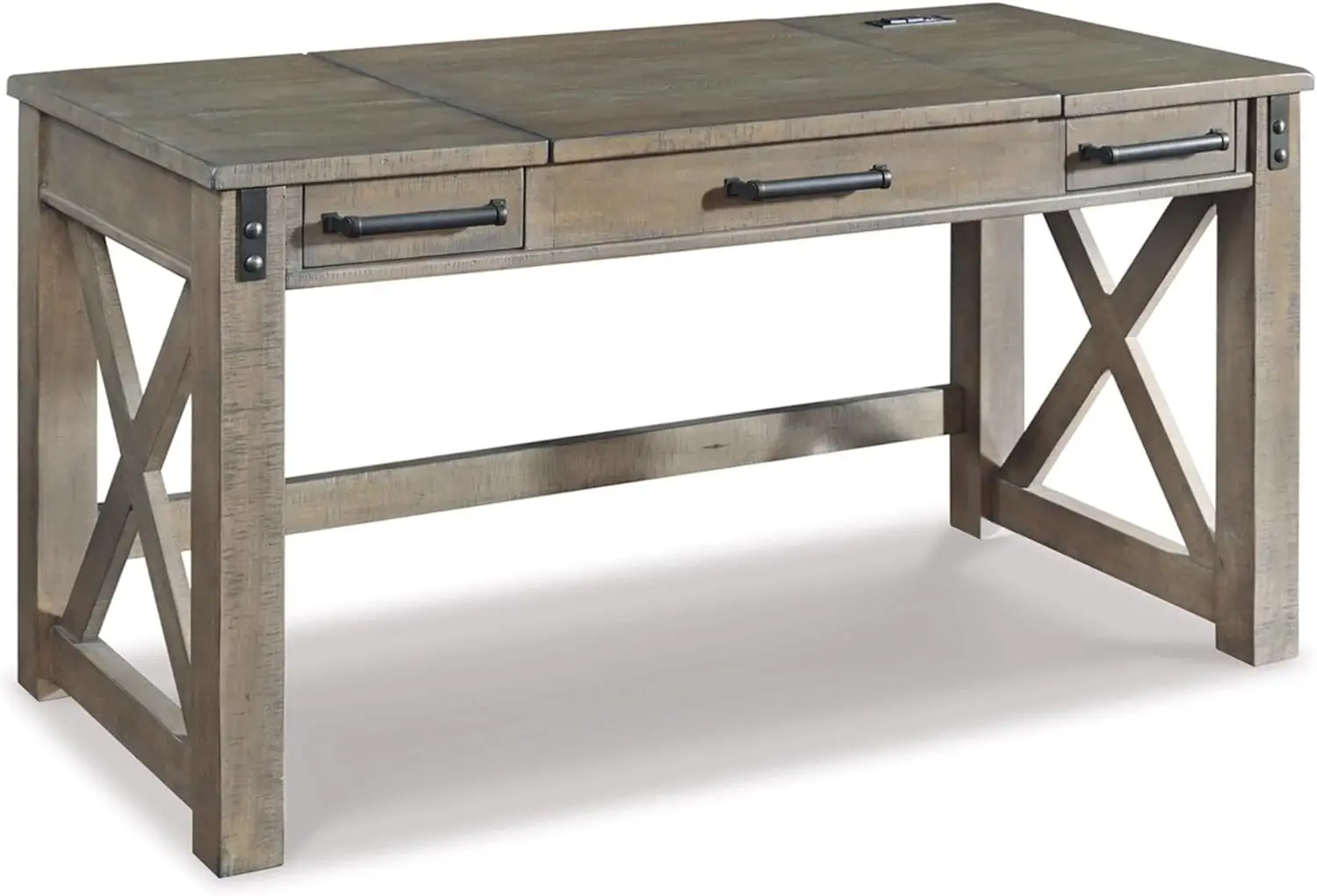 

Design by Ashley Aldwin Rustic Farmhouse 60" Home Office Lift Top Desk with Charging Ports, Distressed Gray