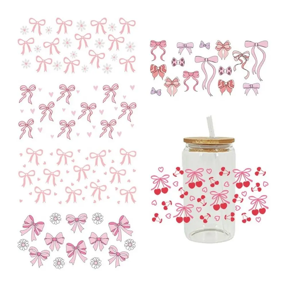 New Waterproof UV DTF Transfer Sticker Clear Smooth Pink Bow Decals Wrap Stickers For 16Oz Glass Cup