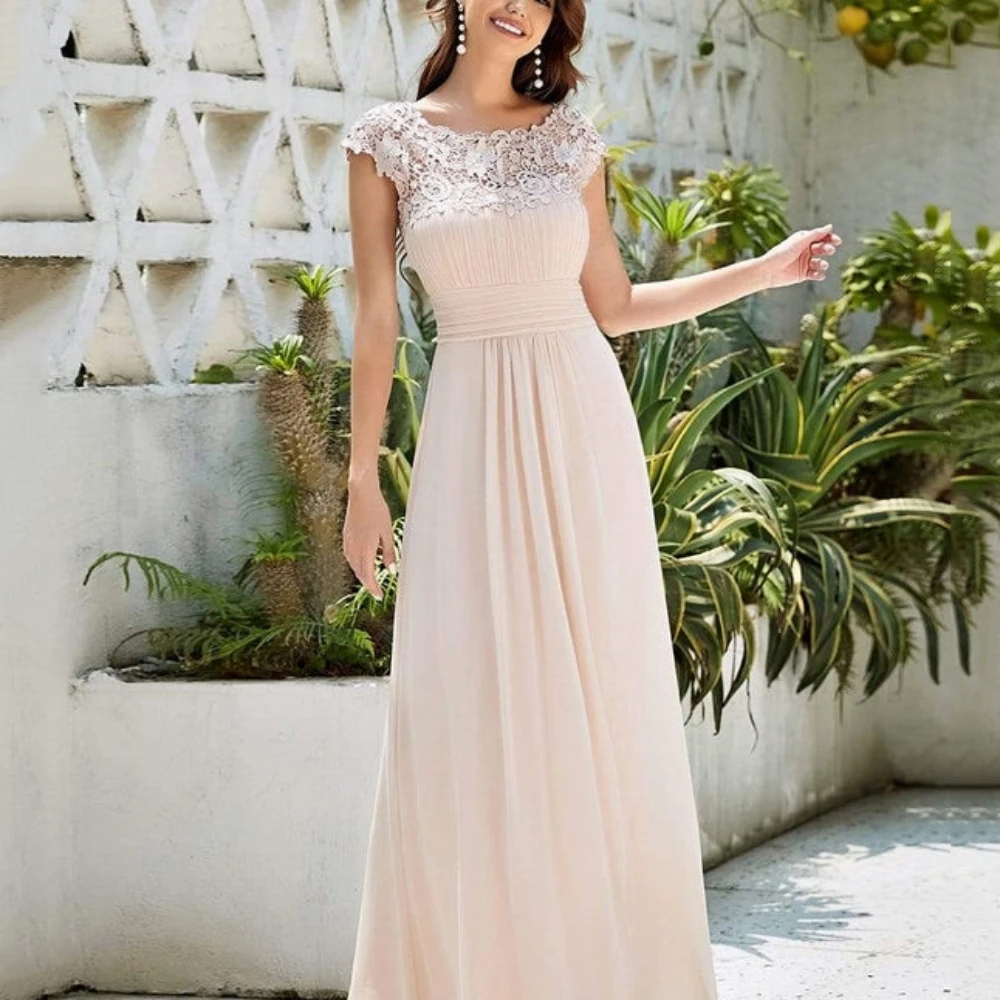 Elegante vestido formal de uma linha para mulheres, vestido feminino com o pescoço, comprimento do chão, mangas, renda chiffon, vestes para mãe