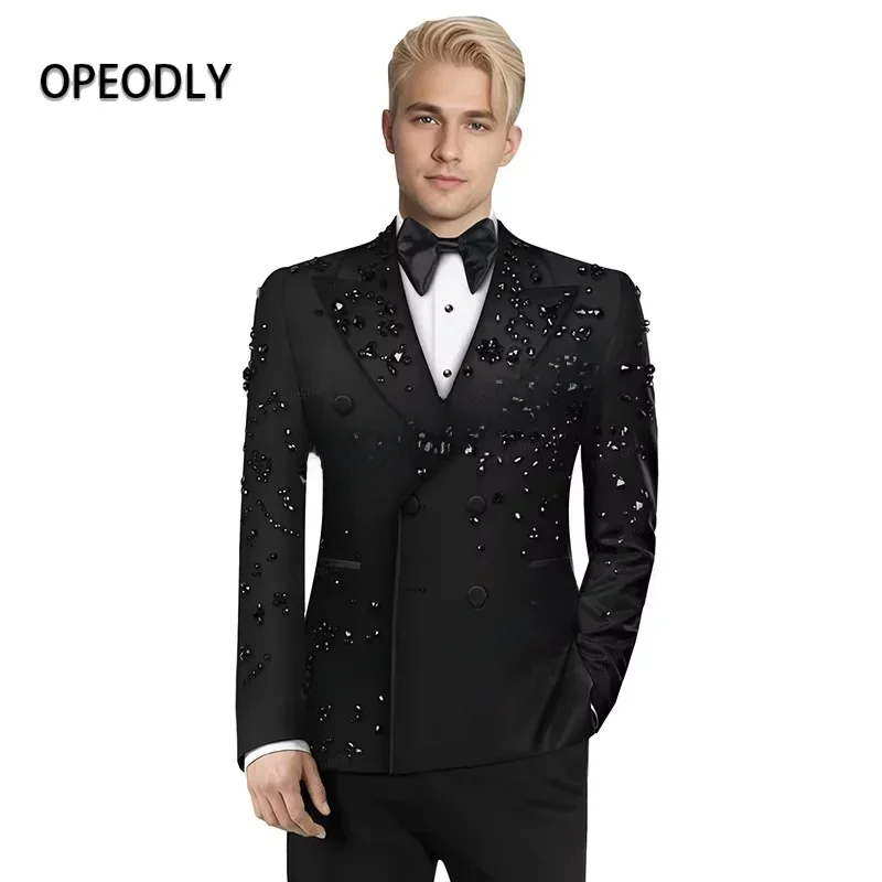 OPEODLY Customized Slim Fit Mens 2 Piece Double Breasted Suit Luxury High Quality Diamond Ornament Tuxedos Business Wedding