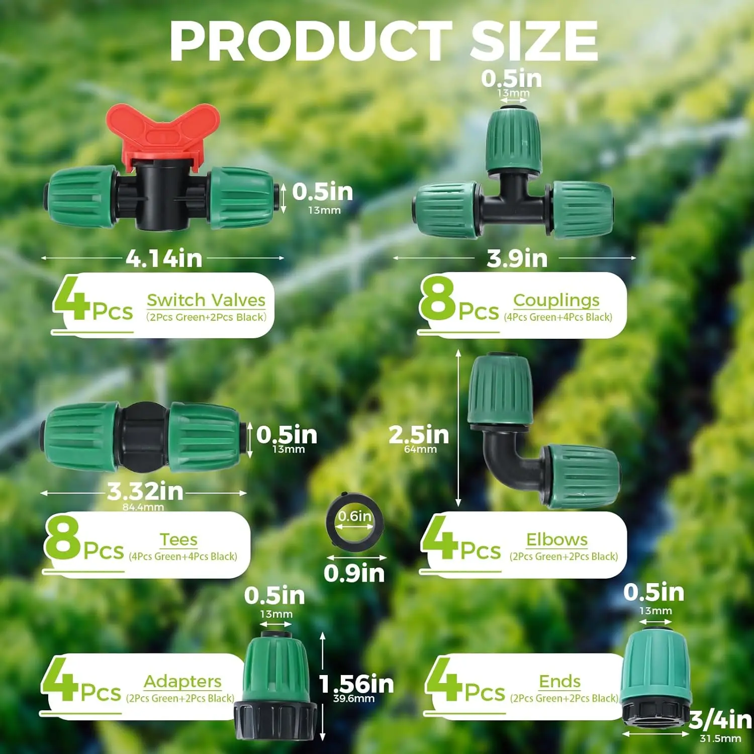 32pcs/set 1/2In ID Tubing Fittings 0.6-0.63 OD 16mm Drip Irrigation Barbed Locked Nuts Connectors Switch Valve Tees Coupling Kit