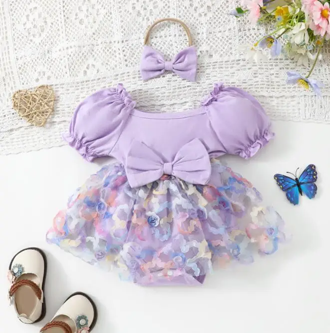 

Sweety Baby Girl 2 Piece Set Frill Trim Puff Sleeve 3D Flower Romper Dress Bow Headband Infant Toddler Summer Bodysuits Outfits