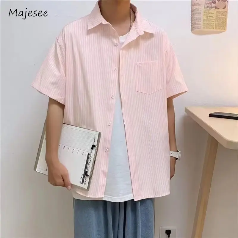 

Retro Striped Shirts Men Students Summer All-match Korean Preppy Streetwear Half Sleeve Youthful Popular Hipster Males Clothing