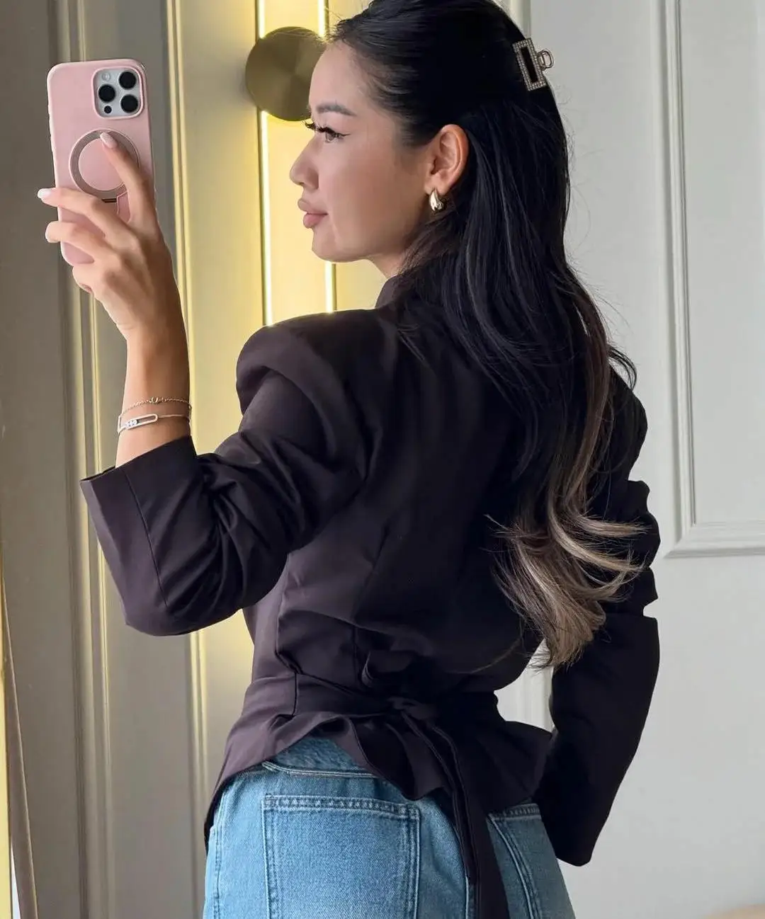 Pleated Waist Cinched Women's Jacket Chic V-neck Single Breasted Lace Up Blazer Coat 2026 New Office Lady Commute Outerwear