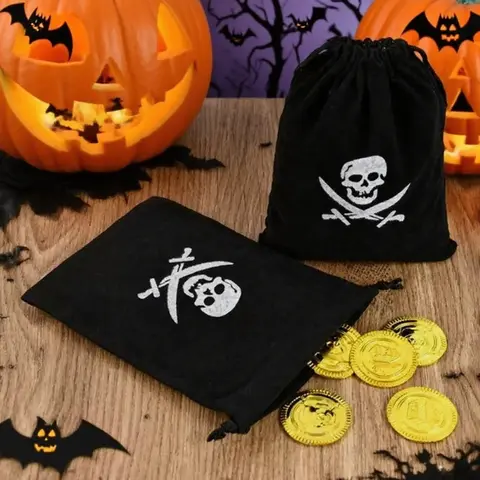 3/6pcs 할로윈 해적 해골 사탕 선물 가방 골드 코인 Drawstring 파우치 선물 사탕 저장 가방 생일 할로윈 파티 용품