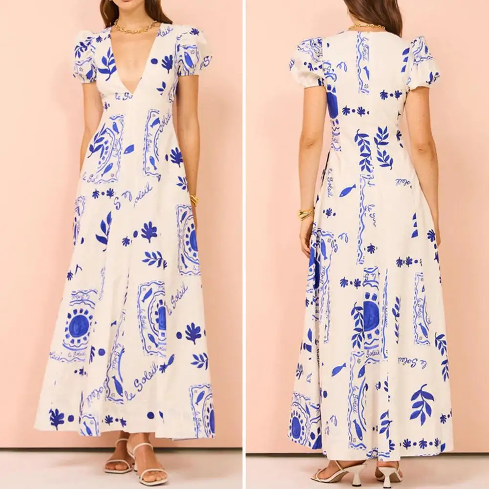 

Women Print Dress Stunning Colorful Maxi Dress with V Neck Bubble Sleeves Side Pockets for Prom Parties Summer Evenings V Neck