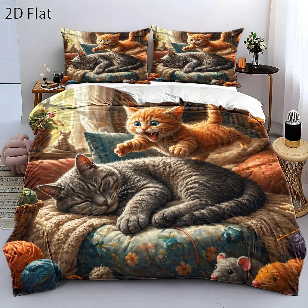 Super Cute Cat Print Duvet Cover Set, Three-Piece Bedding Set (1*Duvet Cover + 2*Pillowcases), Suitable for All Seasons, Machine Washable, Invisible Zipper Design, Suitable for Home, Dormitory, Master Bedroom, Guest Room, Large Double Bed Cover Set, Warm Cat Pattern Bedding, Popular Comfortable Skin-Friendly Three-Piece Bedding Set, Cartoon Cute Pet Bedroom Bedding Set