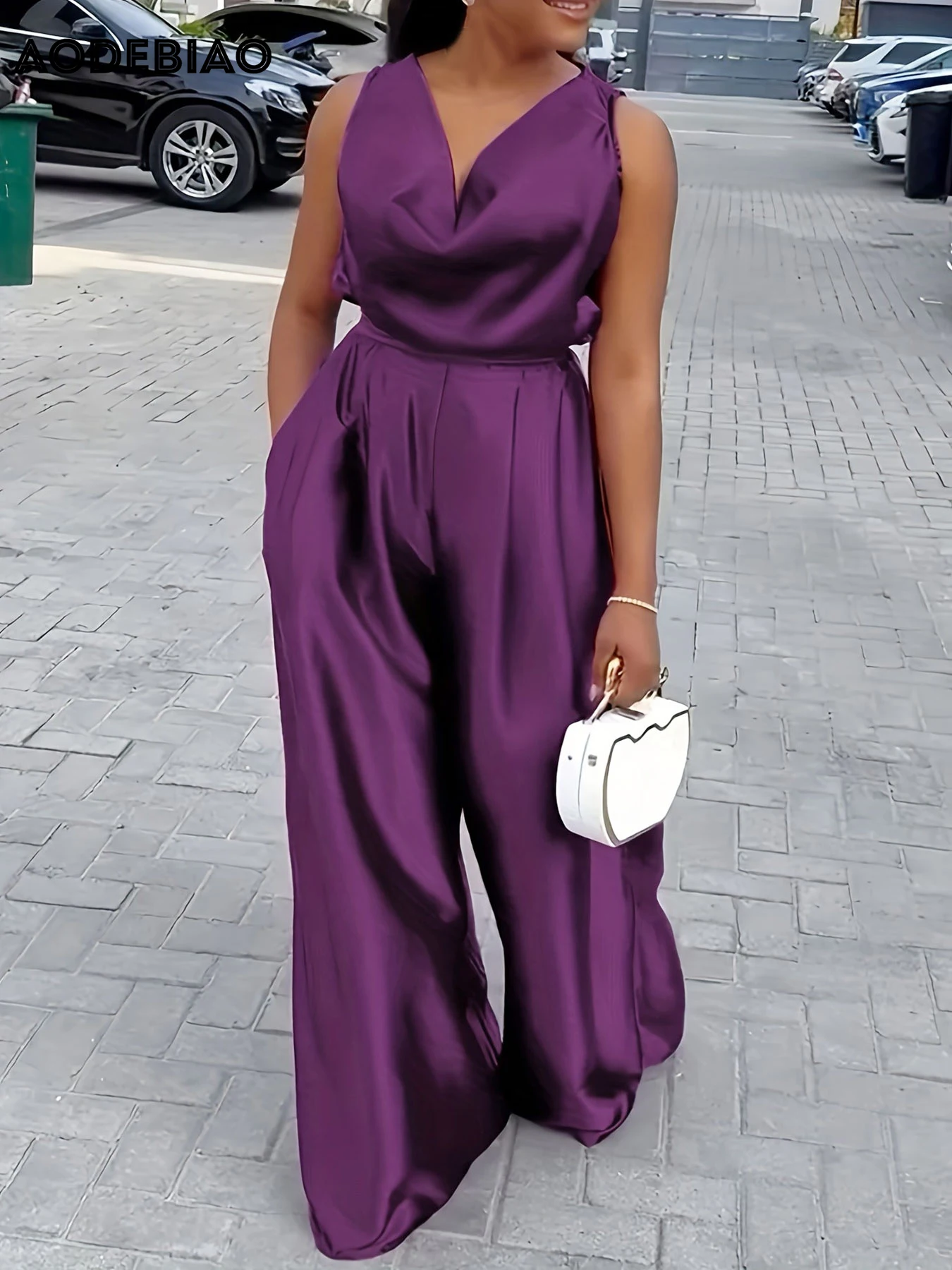 Aodebiao sem mangas macacões feminino verão moda zíperes dobras com decote em v macacão feminino elegante casual simples novos macacões soltos