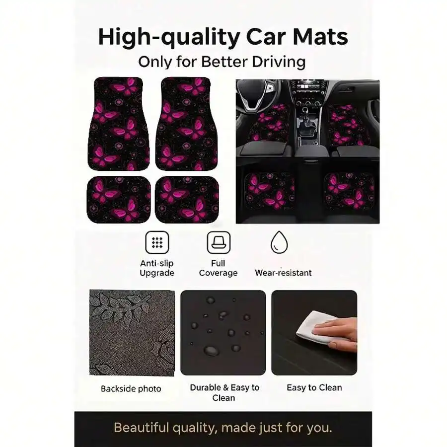 

4pcs Black Pink Butterfly Starry Sky Car Floor Mats Universal Anti-Slip Durable Polyester