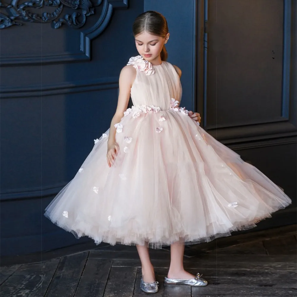 

Ball Gown New Flower Girl Dress 3D Floral Tulle Wedding Gown Kid Pageant Birthday Prom Gown First Communion Dress Size 1-14Y