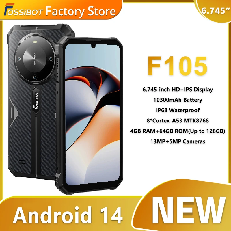 

FOSSiBOT F105 Rugged Smartphone Android 14 Cellphine 4GB+64GB 6.745" HD+ IPS Display 10300mAh Mobile Phone