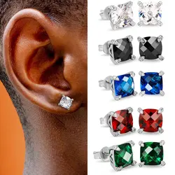 Classic 4 Claws Hippie Stud Earrings for Men Square Blue Zirconia Hiphop Ear Piercing Lobe Accessories Punk Rapper Party Jewelry