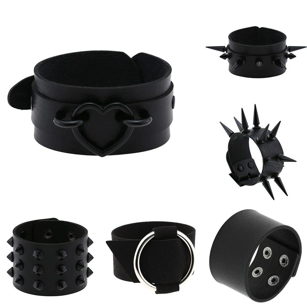 80s Black  O-Ring Bracelets For Women Punk Stud Spike Rivets PU Leather Charm Cuff Bracelet Cuff Bangles Jewelry Party Gift