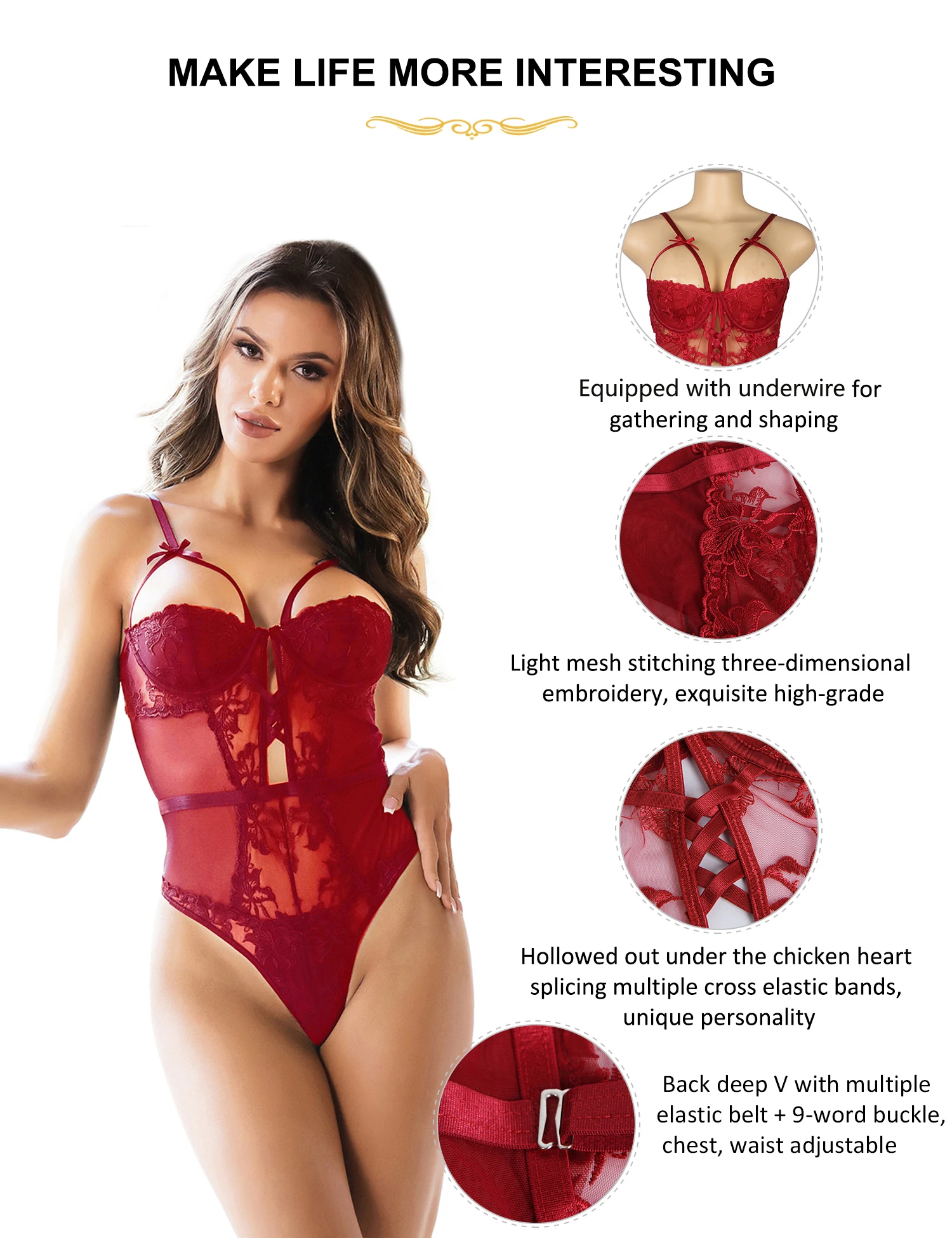 Ohyeahlady Vrouwen Gebloemde Kanten Teddy Bodysuit Rood Doorzichtig Mesh Nachtkleding Halve Cup Elegante Plus Size Sexy Lingerie