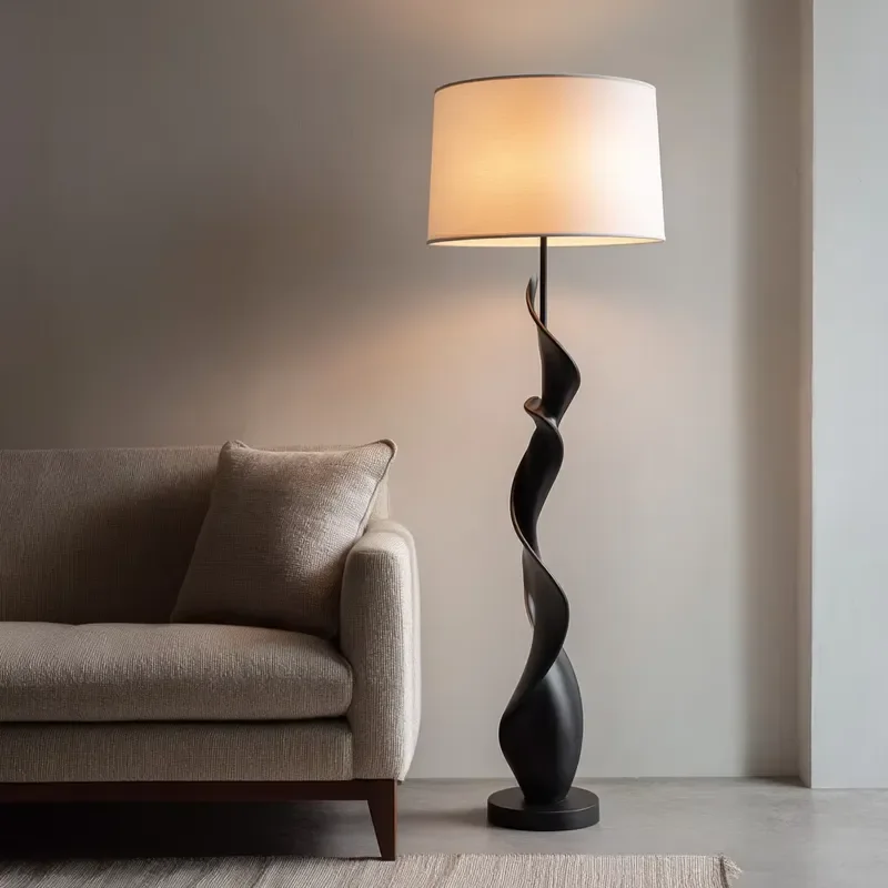 Modern PETG Large Floor Lamp White Wavy Base Fabric Shade LED E26 6000K Touch Control 3D Printed CRI90 for Home Living Room