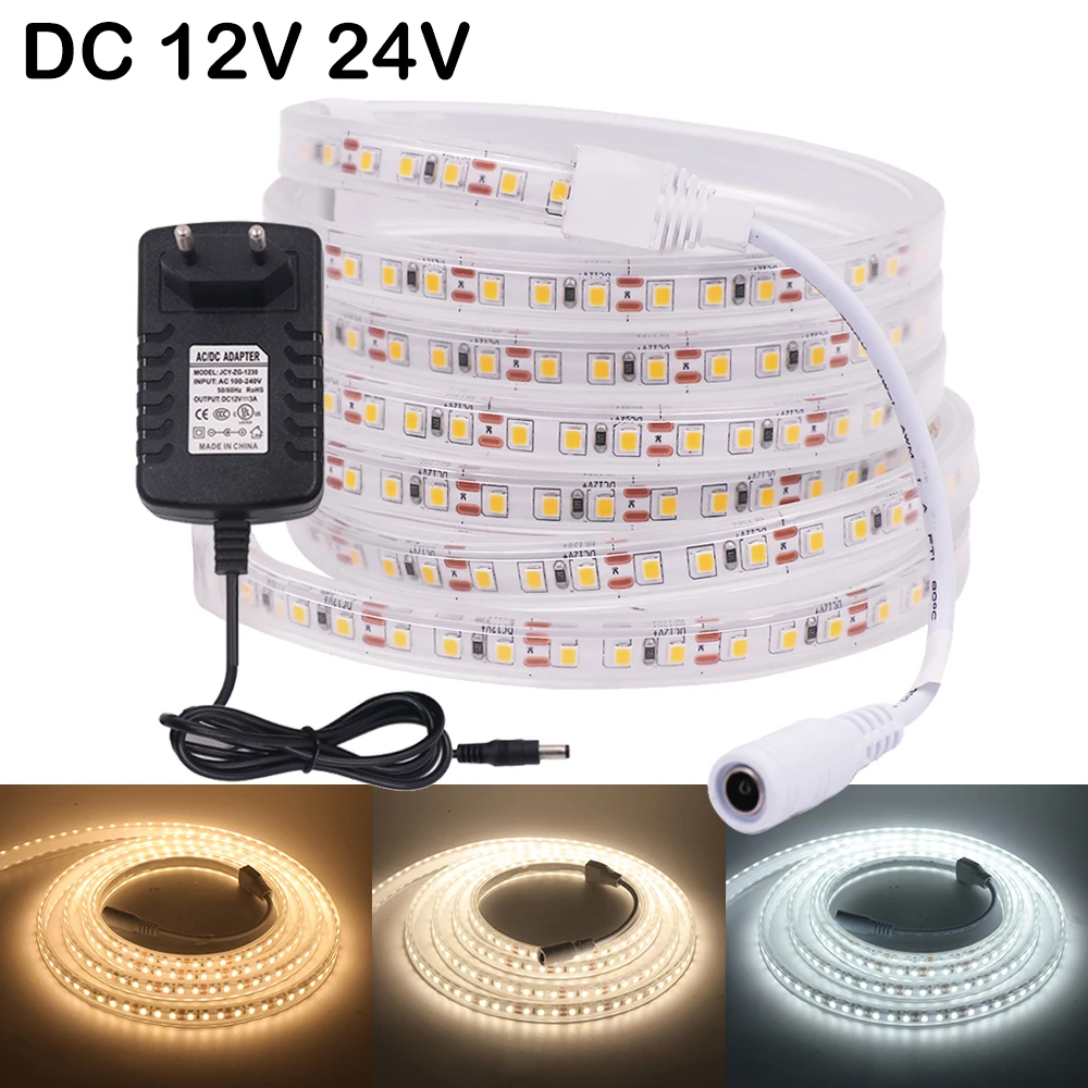 IP67 Waterproof LED Strip with Power Supply DC 12V 24V 120LEDs/m 2835 Flexible Tape LED Light Lamp Natural Warm White 0.5M-10M