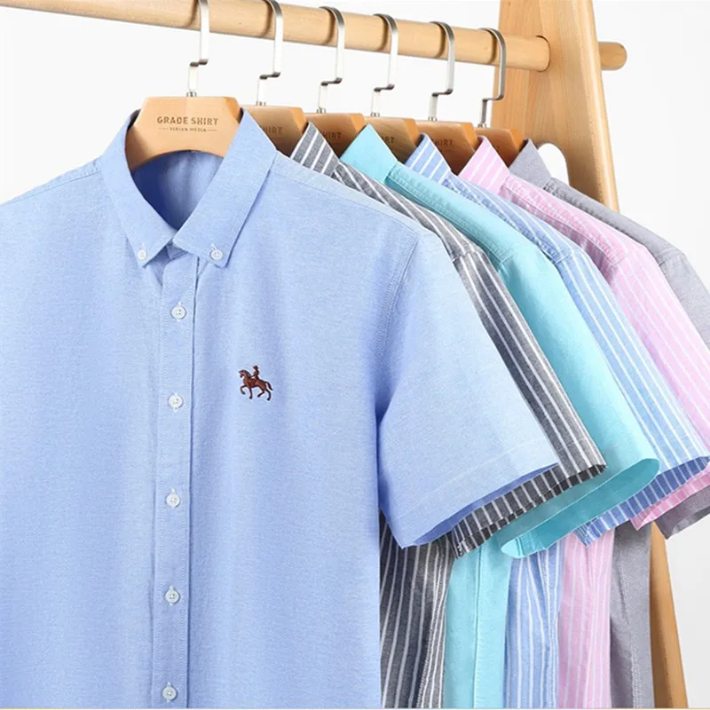 Übergroße 5XL 6XL Oxford-Hemden für Herren, 100 % Baumwolle, kurzärmelig, Sommer, Freizeit, gestreift, Büro, sozial, formell, blaue Herrenbekleidung