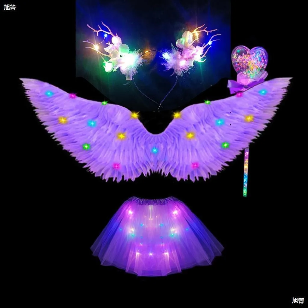 Fada de anjo iluminada menina Cosplay Fantasia, Saia, Faixa de cabeça, Varinha, Dia das Bruxas, Festa Festival, Acessórios de Vestir, Presente para Criança, 2024