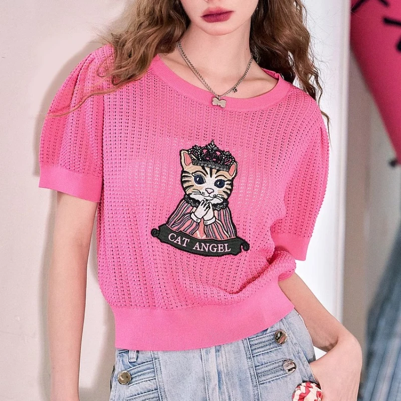 Summer Animal Embroidery Bubble Short Sleeve Hollow Out Sweater Women Ice Silk Knit T-shirt Vintage O-neck Slim Knitwear Tops