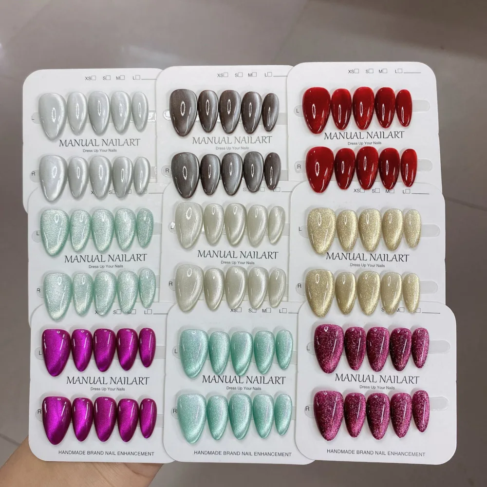 

10pc High-end Cat's Eye Crystal Handmade Press-On Nails For Women Sparkling Gel Nail Art Stickers Finished Removable Fake Nails
