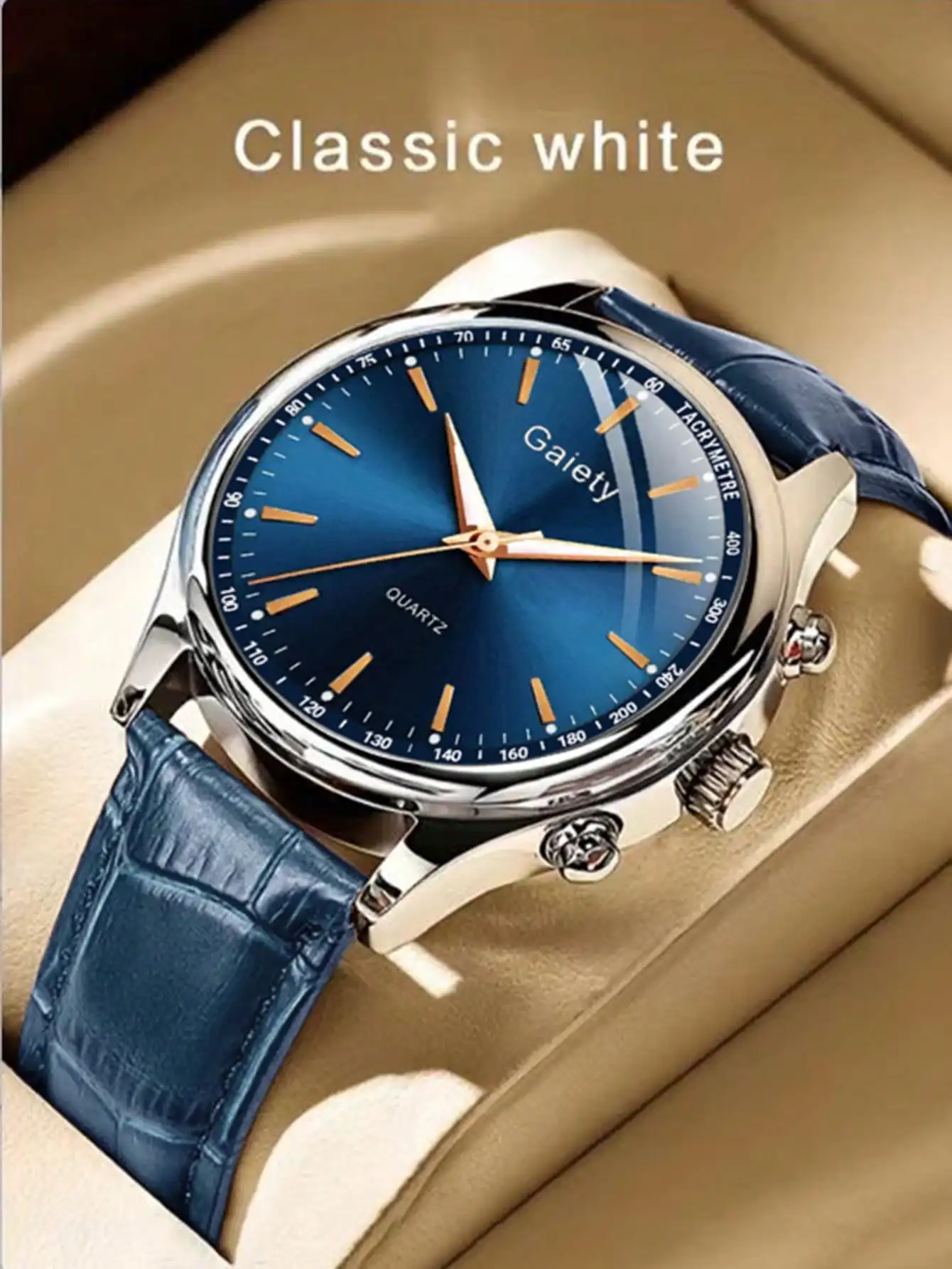 

Классические мужские кварцевые часы с синим циферблатом, корпусом из нержавеющей стали и синим кожаным ремешком