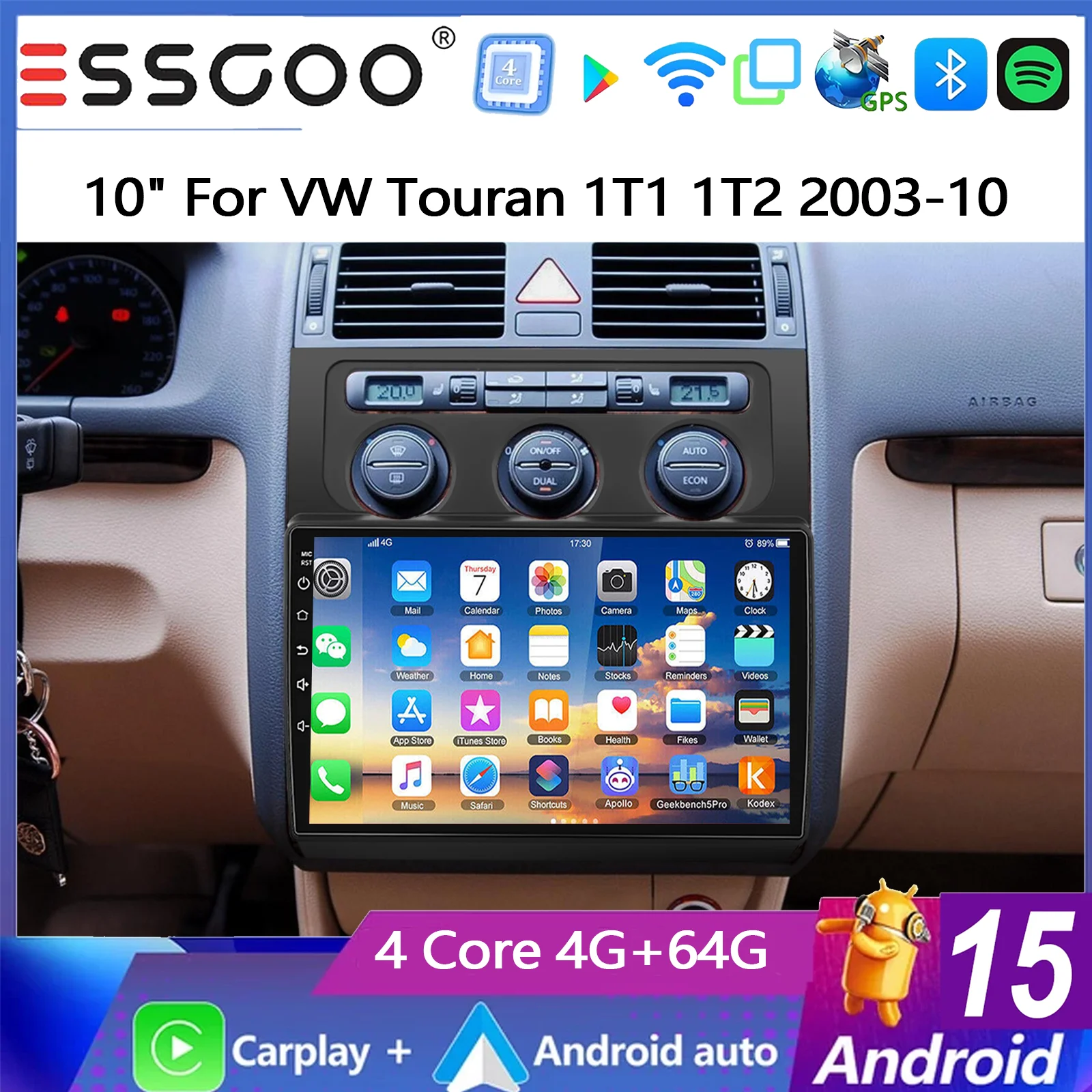 ESSGOO 10" 4+64G Android 15 pour VW Touran 1 2004-2008 Autoradio GPS Navigation Radio CarPlay sans fil Android Auto FM Bluetooth RDS SWC Wifi ASP Mirror Link Écran tactile IPS Lecteur multimédia vidéo Unité centrale