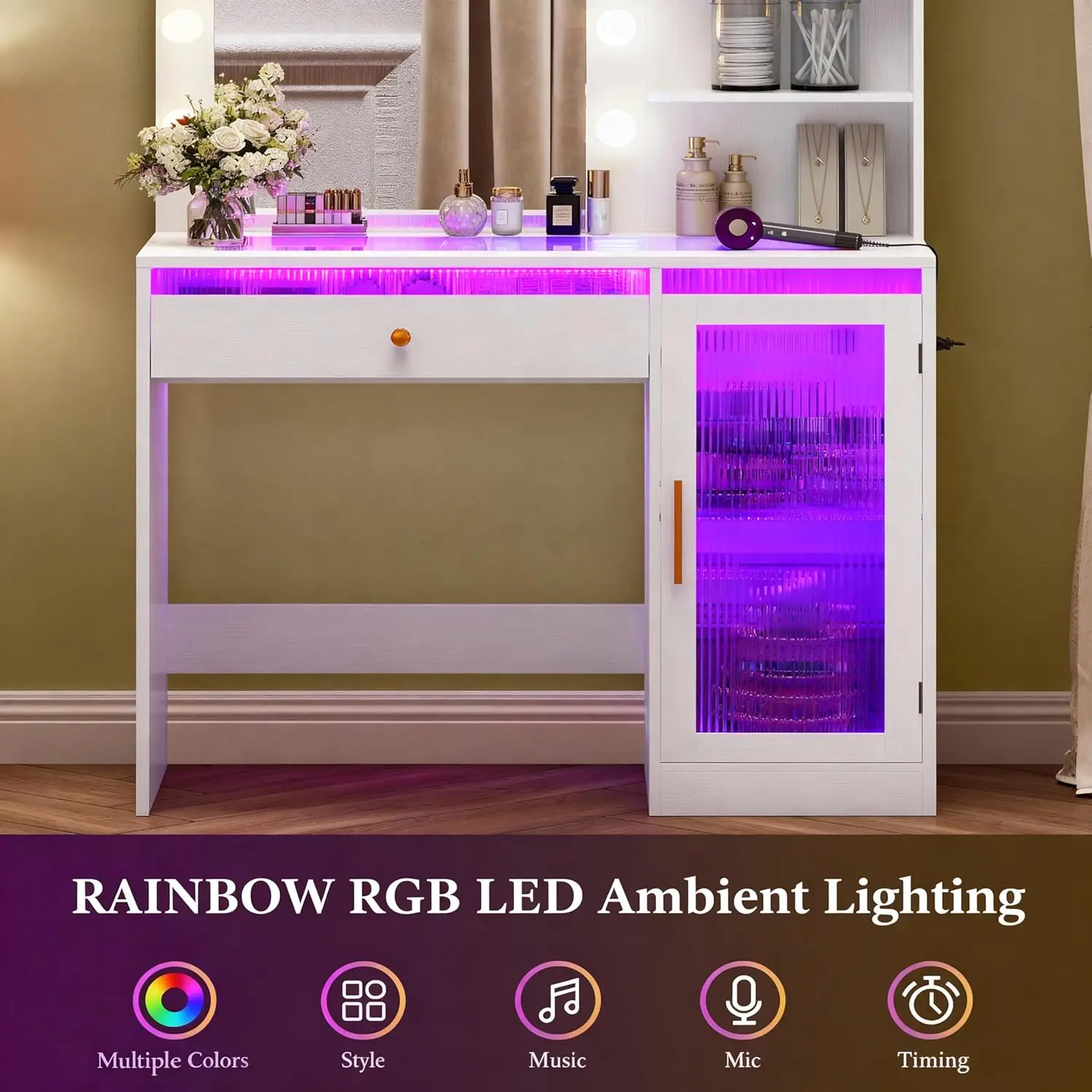 White Wooden Makeup Vanity with Tempered Glass Top, RGB Drawer & Cabinet for Bedroom