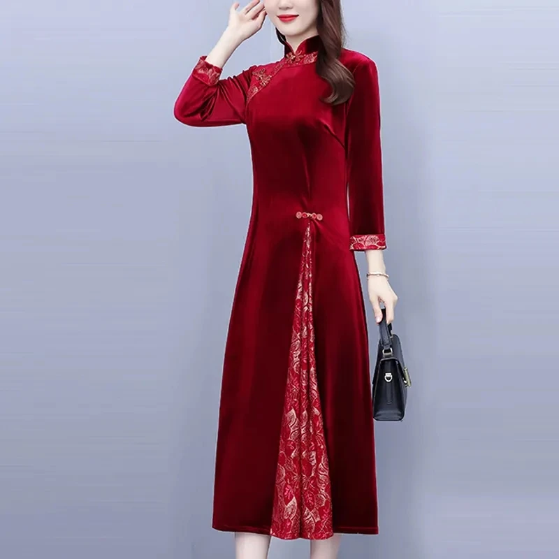 Improved Cheongsam Dress For Women Spring Autumn New Middle-aged Mother Golden Velvet Dresses High End Elegant Party Dress 5XL
