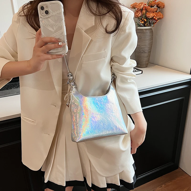 LEFTSIDE Small PU Leather Crossbody Bags For Women 2024 Y2K Females Korean Fashion Lady Silver Underarm Bag Handbags And Purses