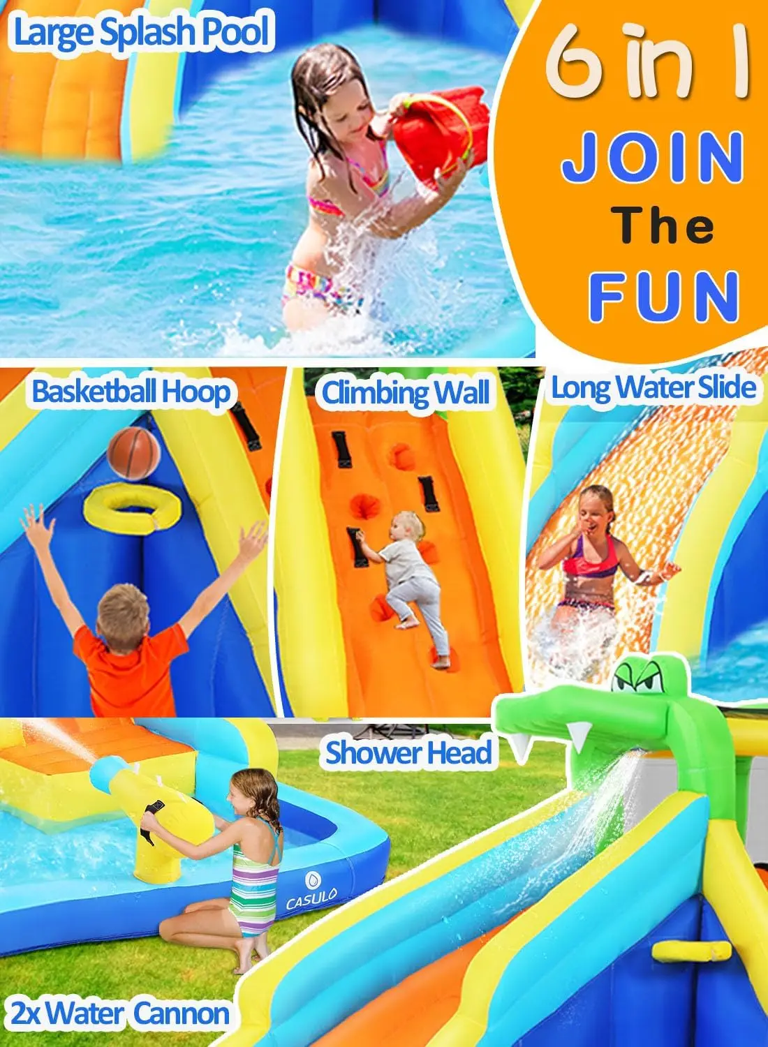 子供用インフレータブルウォータースライド、8in 1、ウォータースライド、450wブロワー付きインフレータブル、2つの銃、クライミングウォール、SPL、ウォーターパーク、152x138x89"
