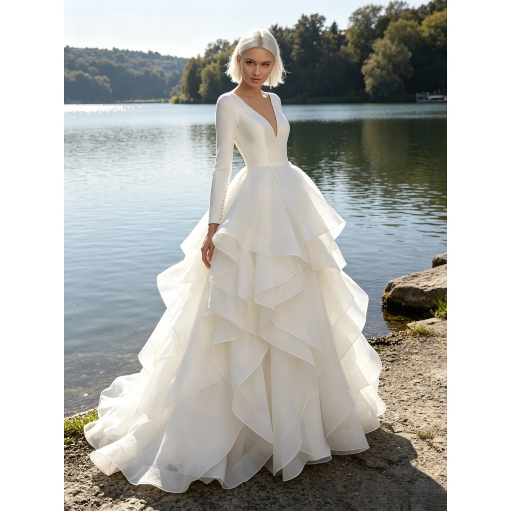 Customized Long Sleeved Deep V-neck Wedding Dress with Elegant Layered Ruffled Edges A Large Trailing Bridal Gown 2026 New Style