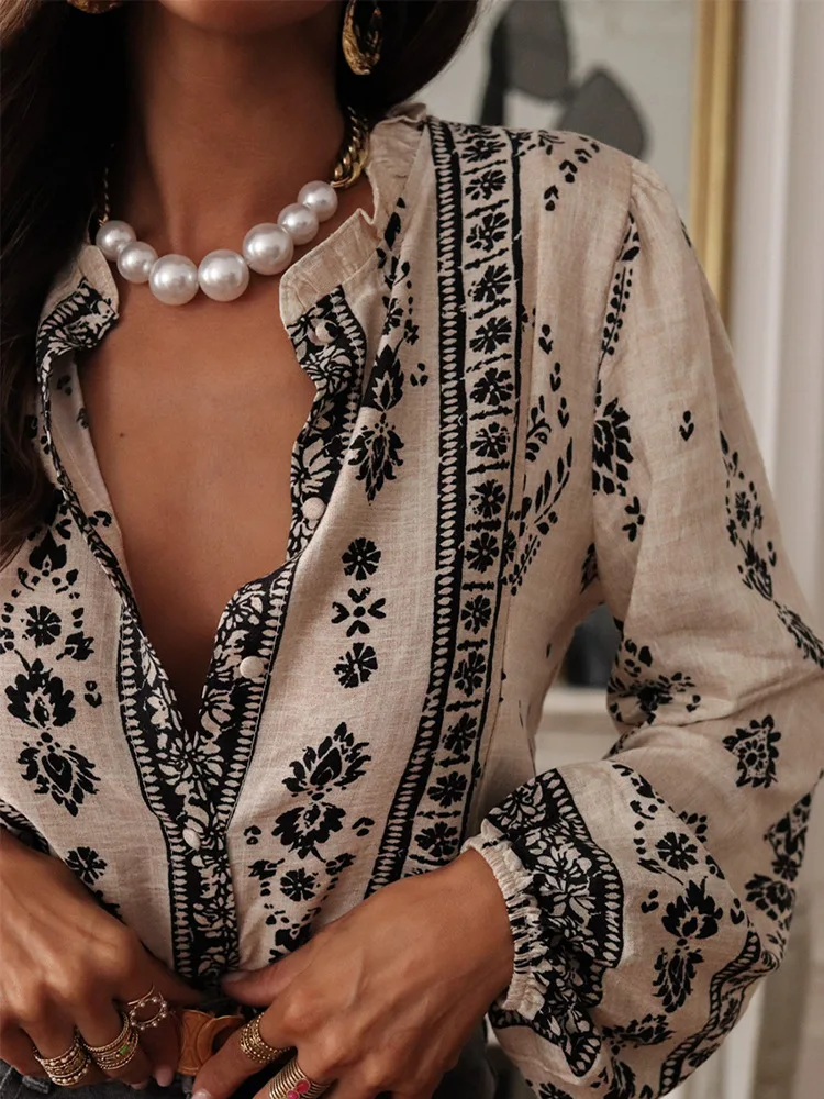 Casual Printed Lace Round Neck Long Sleeve Cardigan Shirt Women 2025 Summer Loose Retro Button-up Shirt Top Women